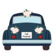 a blue car with flowers on the back