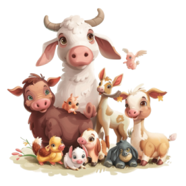 a group of farm animals standing in the grass