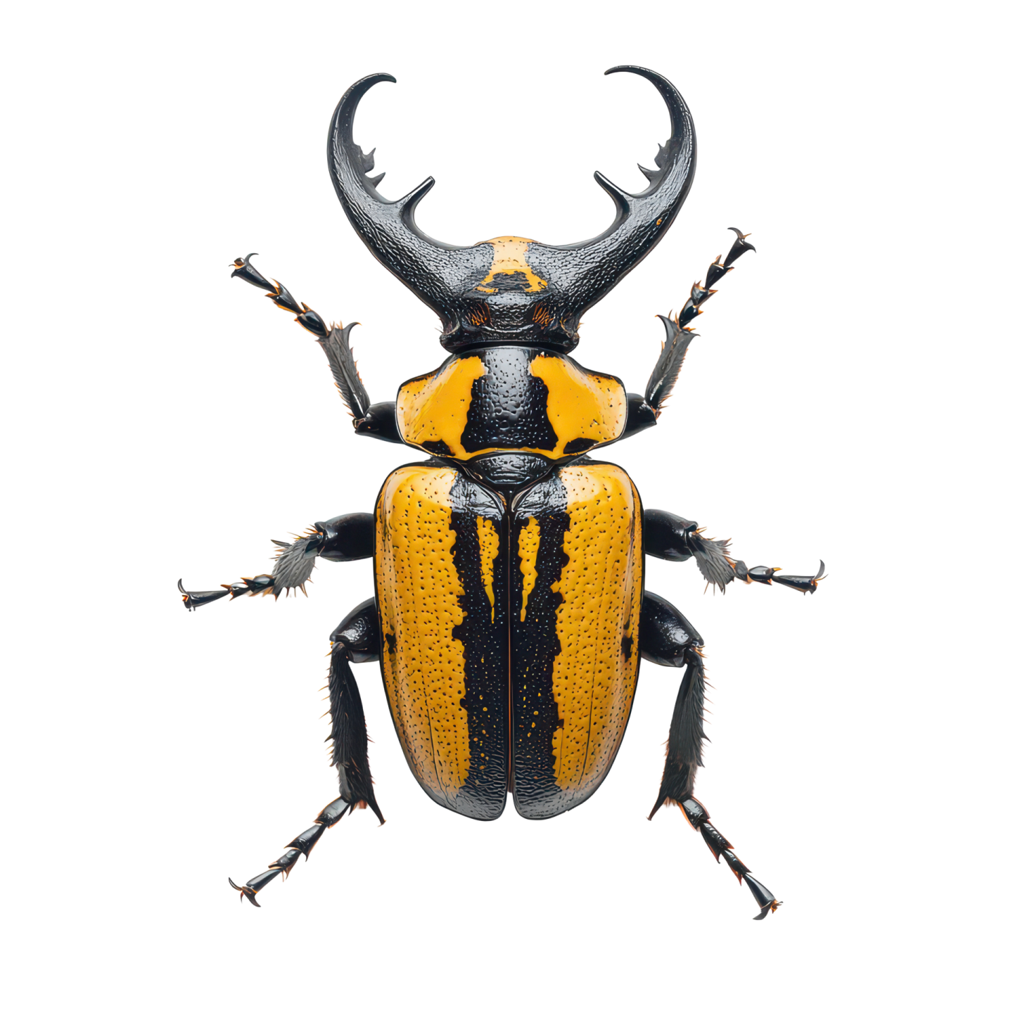 a black and yellow beetle on a white background