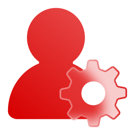 a red icon of a person holding a gear wheel