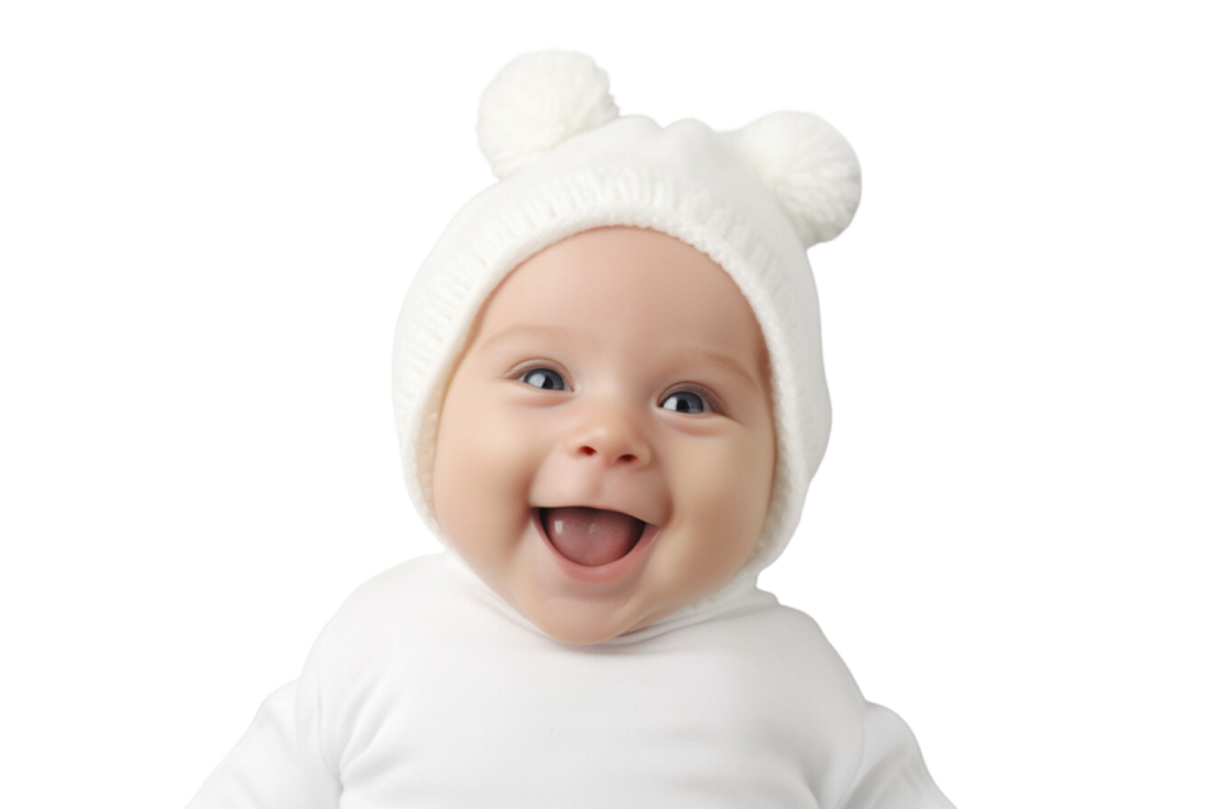 a baby wearing a white bear hat
