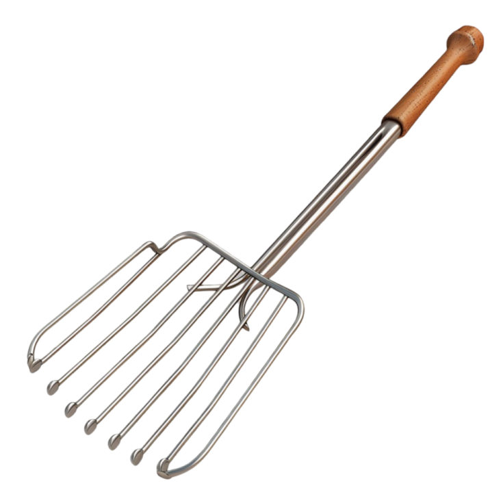 a metal pitchfork with wooden handle