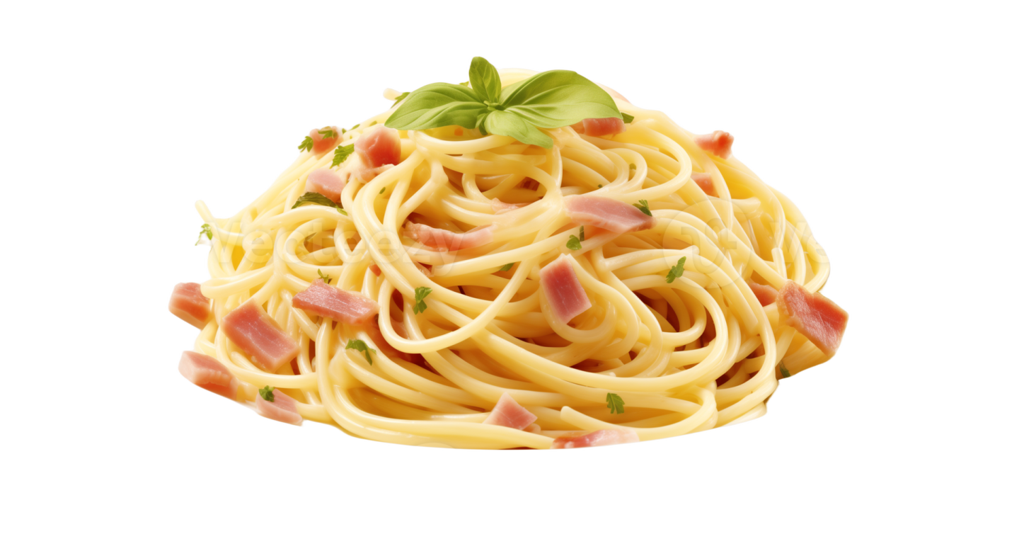 a plate of pasta with ham and cheese