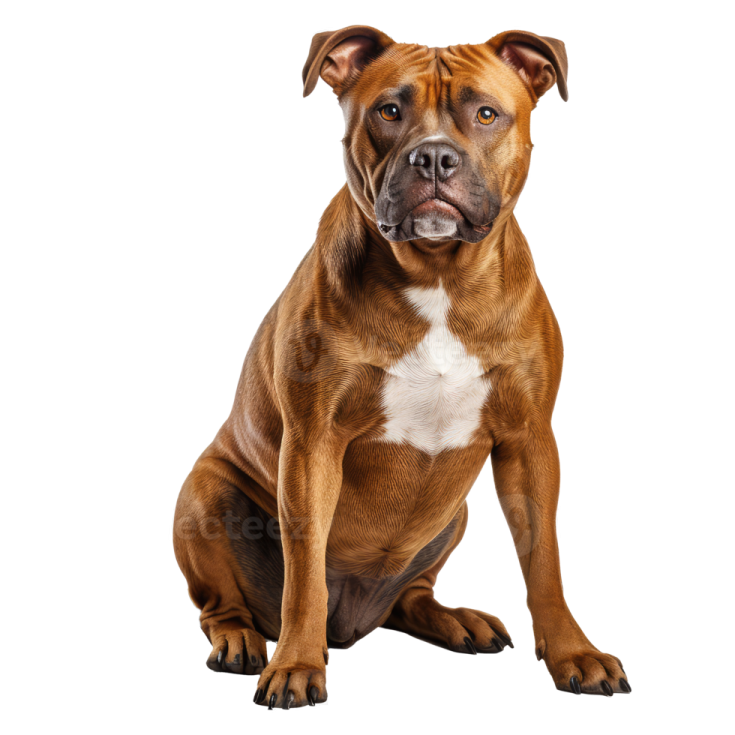 a brown and white dog sitting on a white background