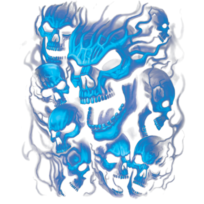 a blue skull with flames on it