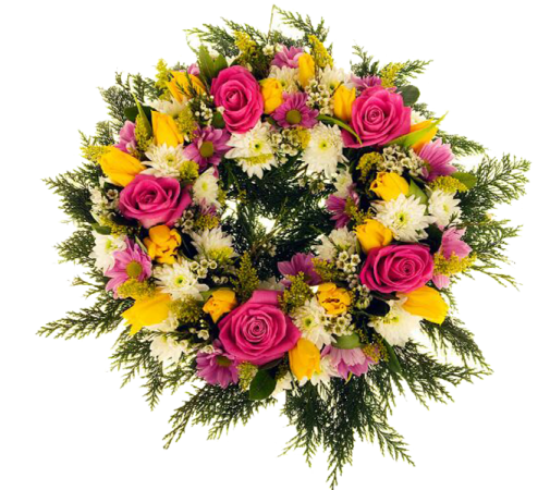 a bouquet of pink and yellow flowers