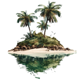a small island with two palm trees on it