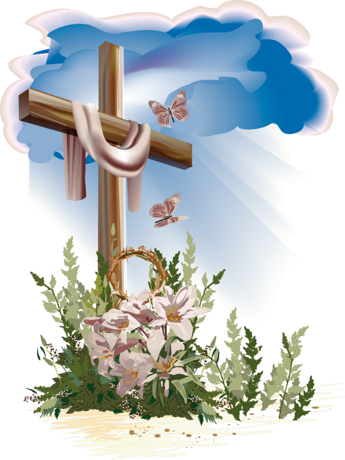 a cross with flowers and butterflies in the sky