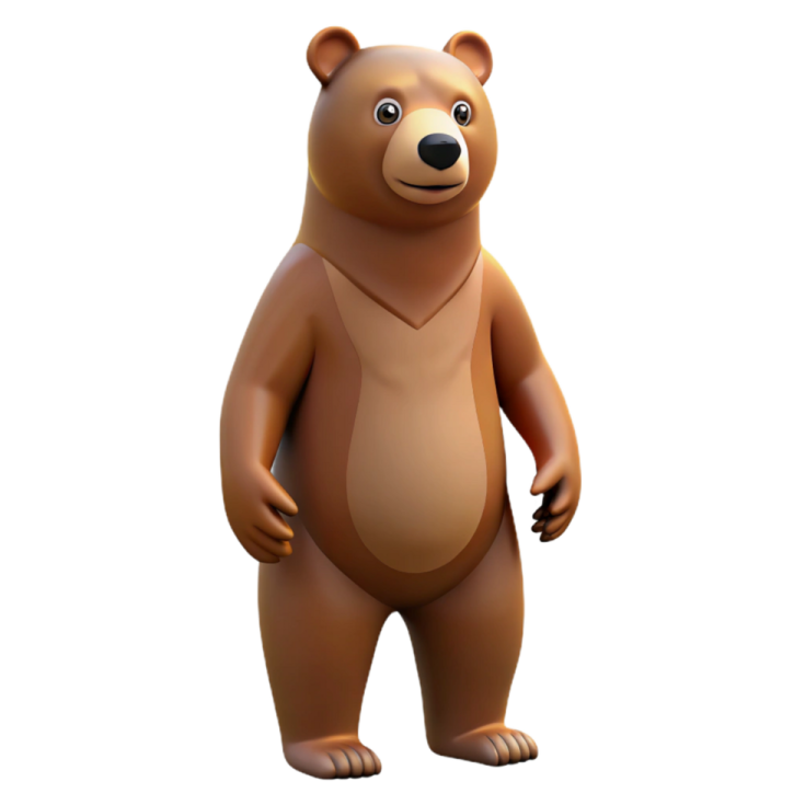 a brown bear standing in front of a white background