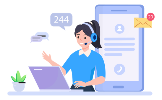 a woman with headphones sitting in front of her laptop and talking on the phone