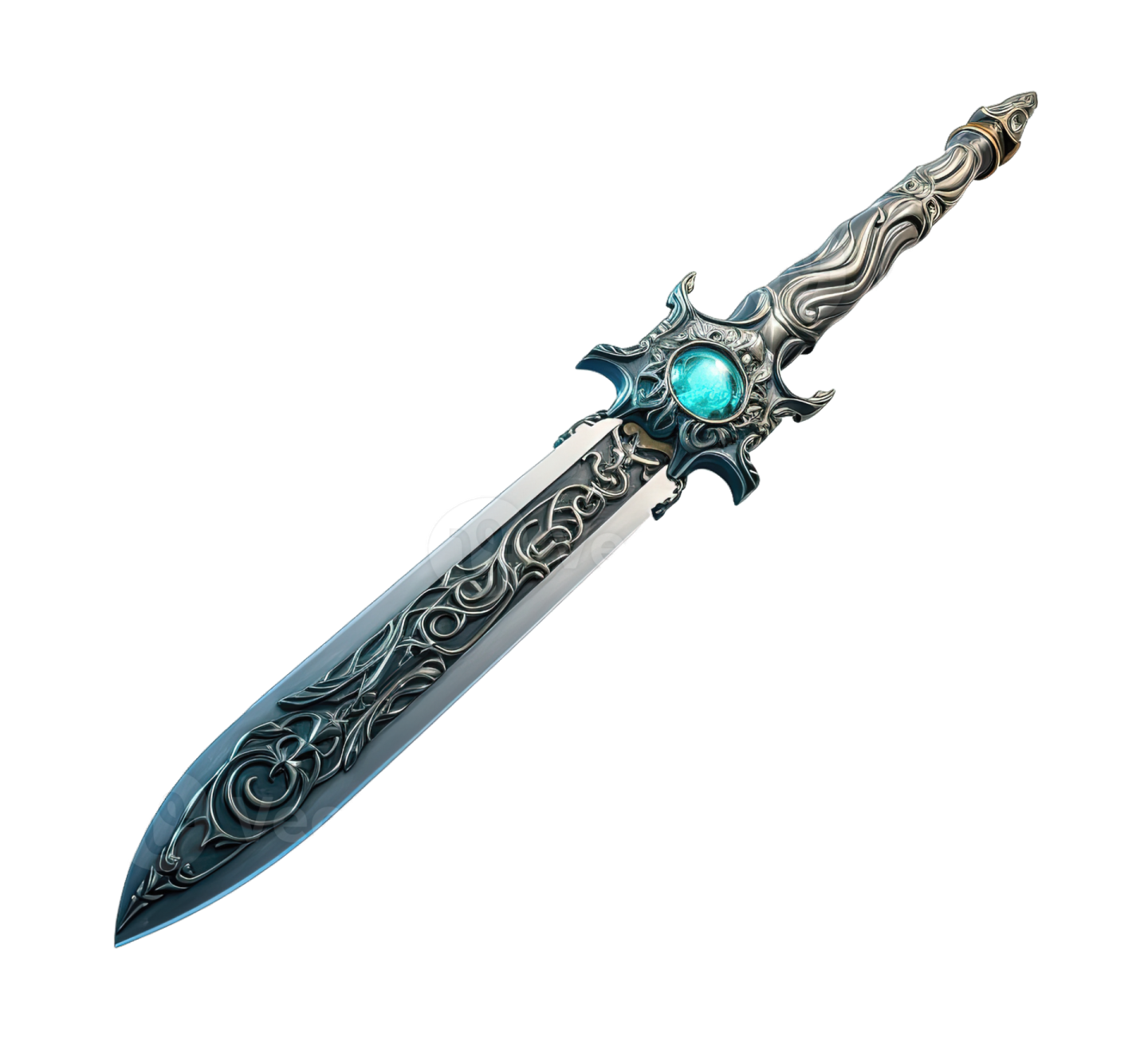a dagger with a green stone in the center