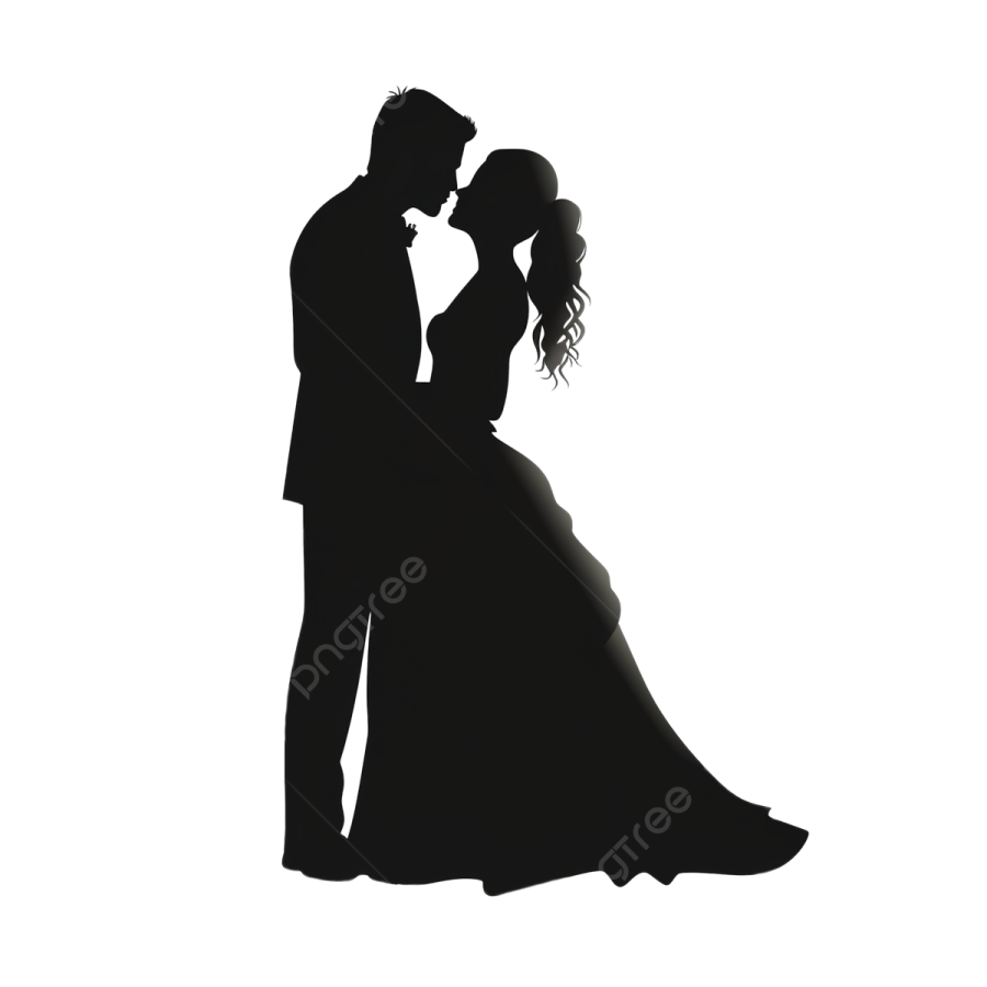 a silhouette of a bride and groom kissing