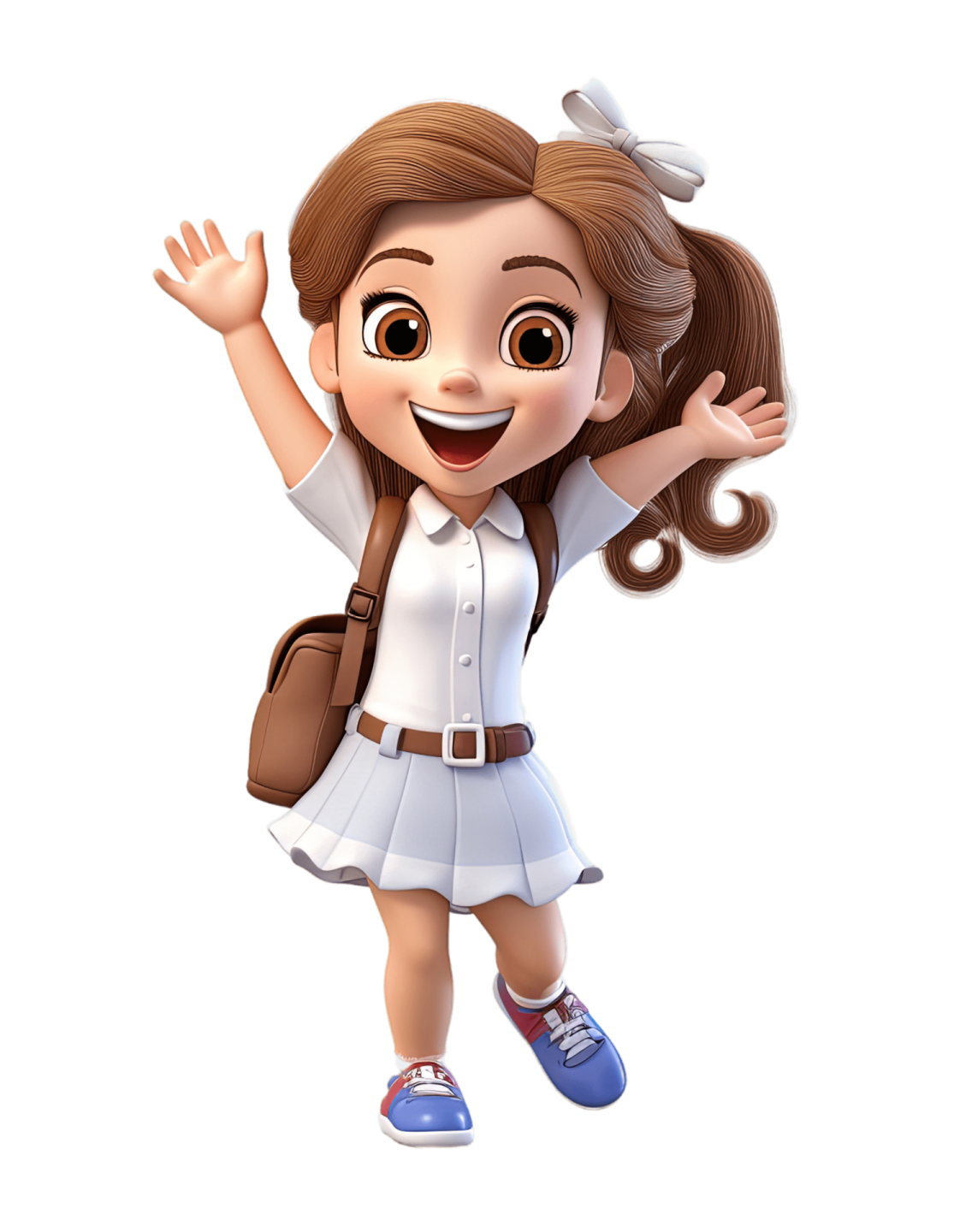 a little girl in a school uniform with her hands up