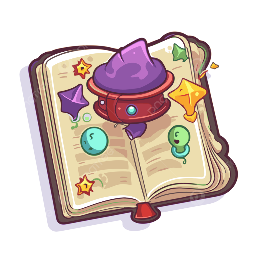 an open book with a hat on top of it