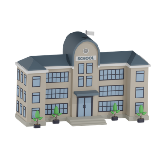 a school building with a clock on top