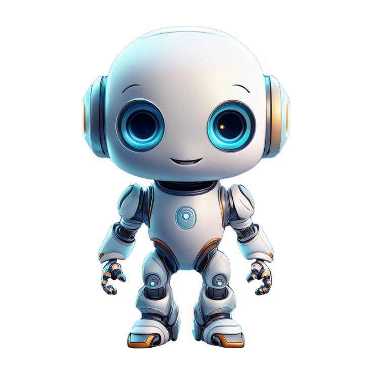 a white robot with blue eyes and headphones