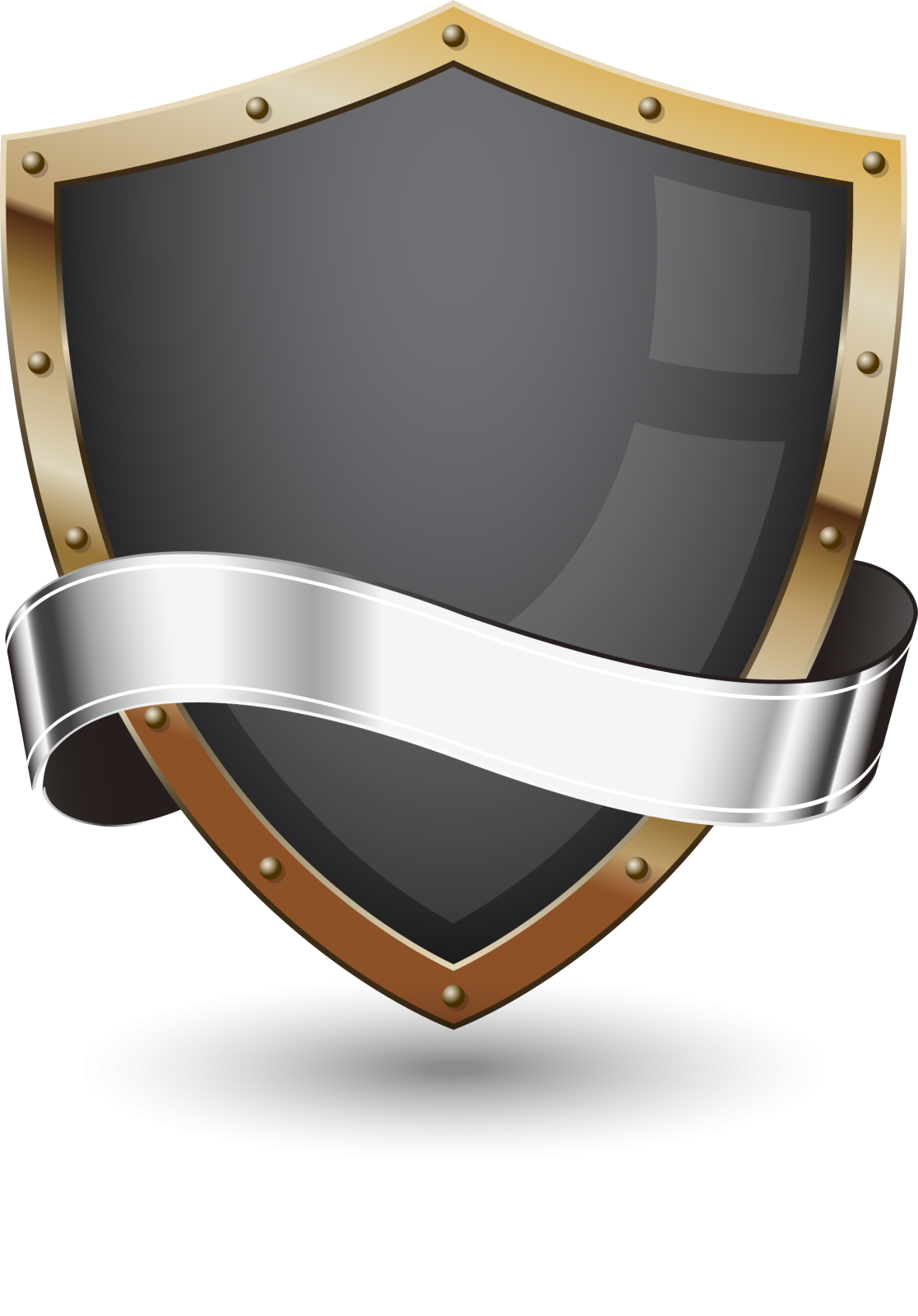 a black and gold shield with a silver ribbon around it