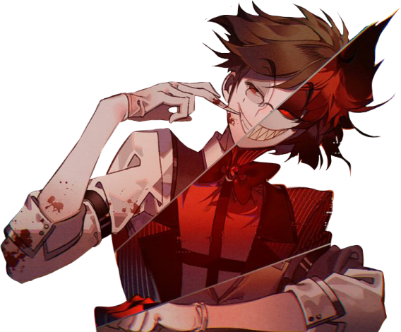 an anime character in a red shirt and black pants