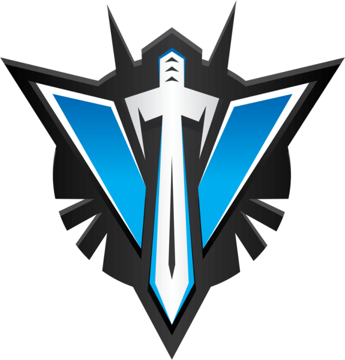 a black and blue logo with the letter v