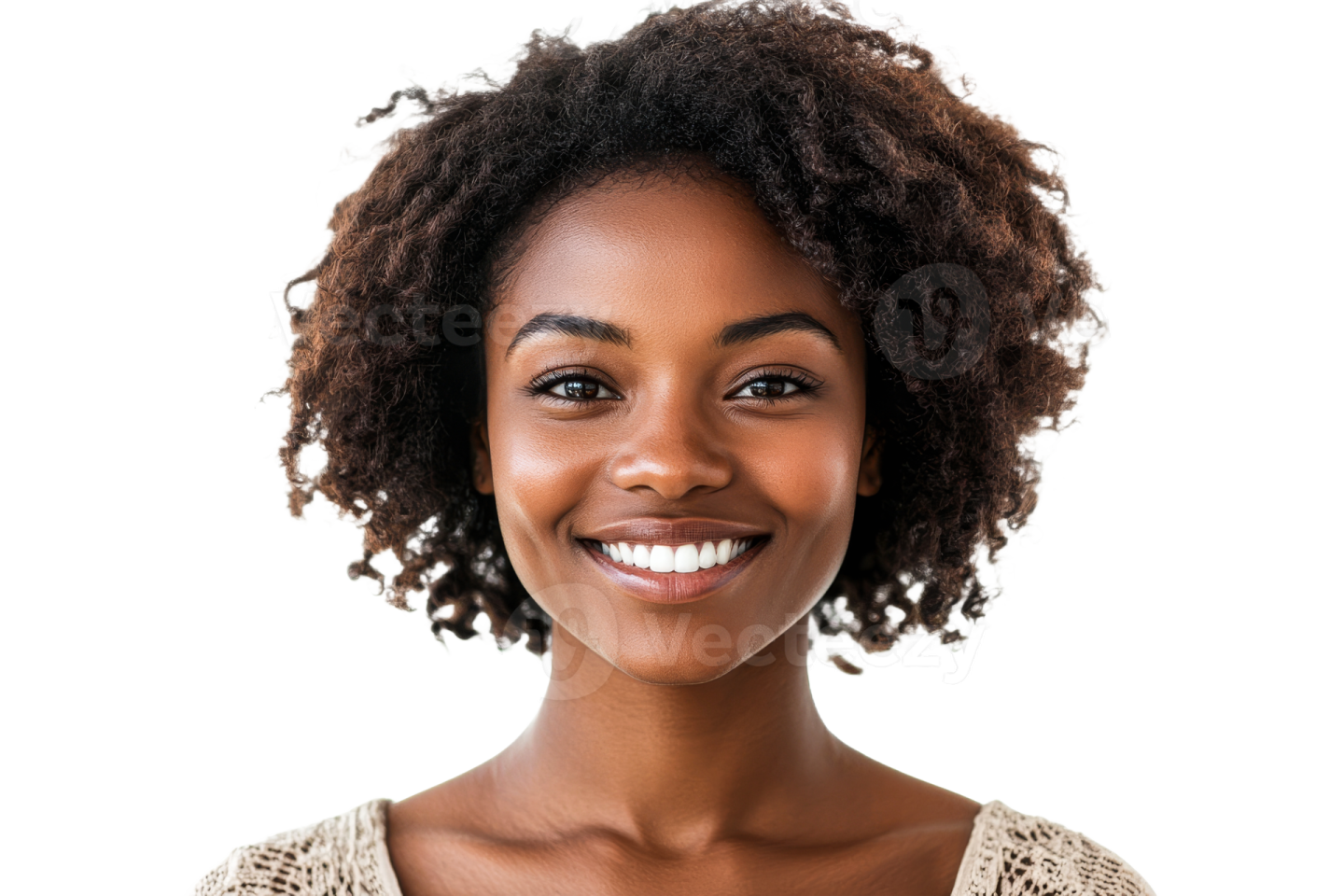 a woman with curly hair smiling at the camera
