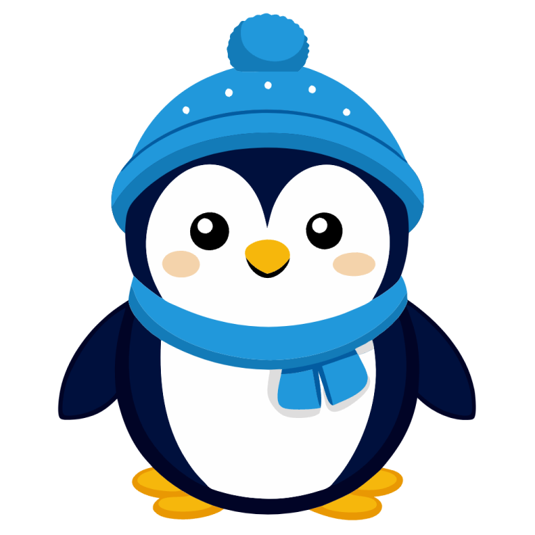 a penguin wearing a blue hat and scarf