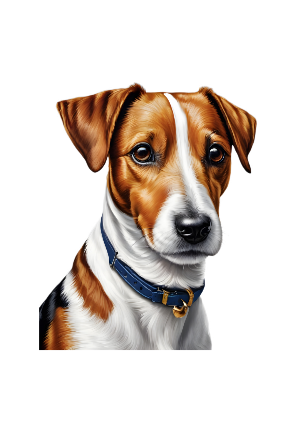 a brown and white dog with a blue collar