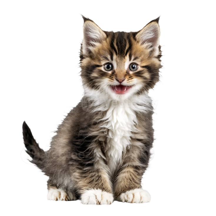 a small kitten sitting down with its mouth open