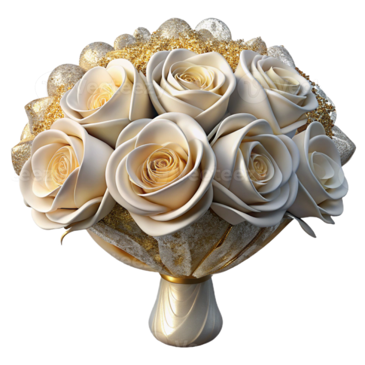 a bouquet of white roses and gold glitters