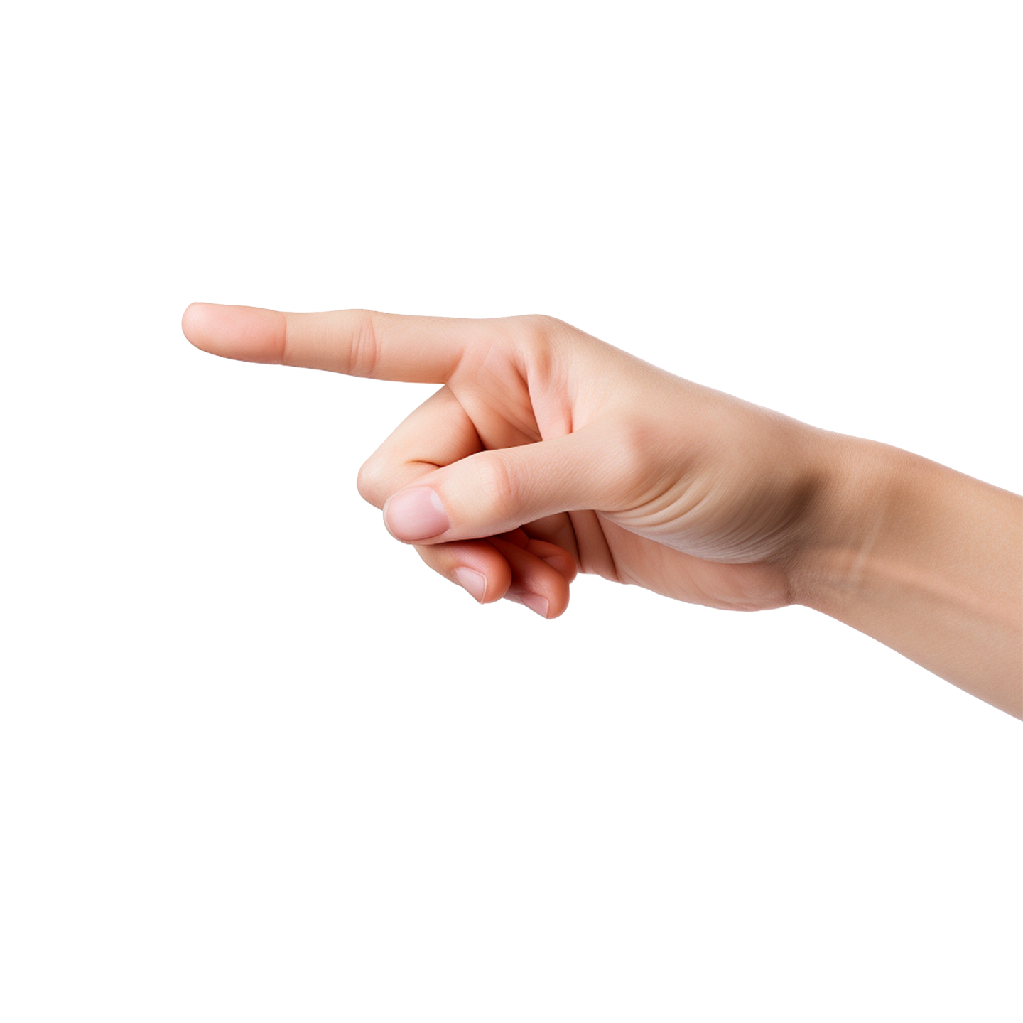 a hand pointing at something on a white background