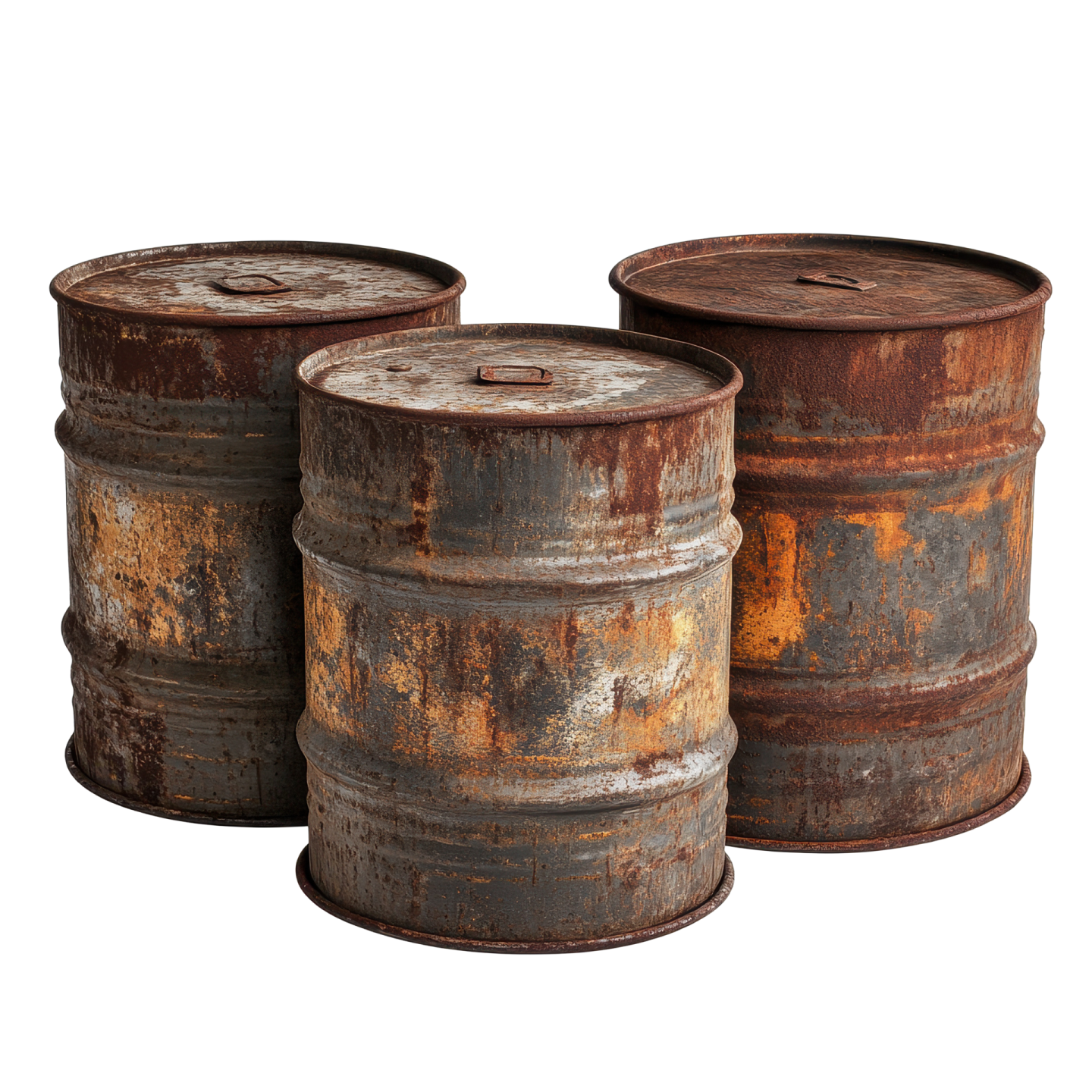 a set of three rusty tin cans