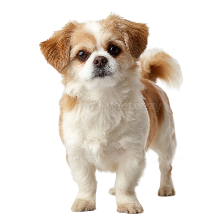 a small brown and white dog standing on a white background