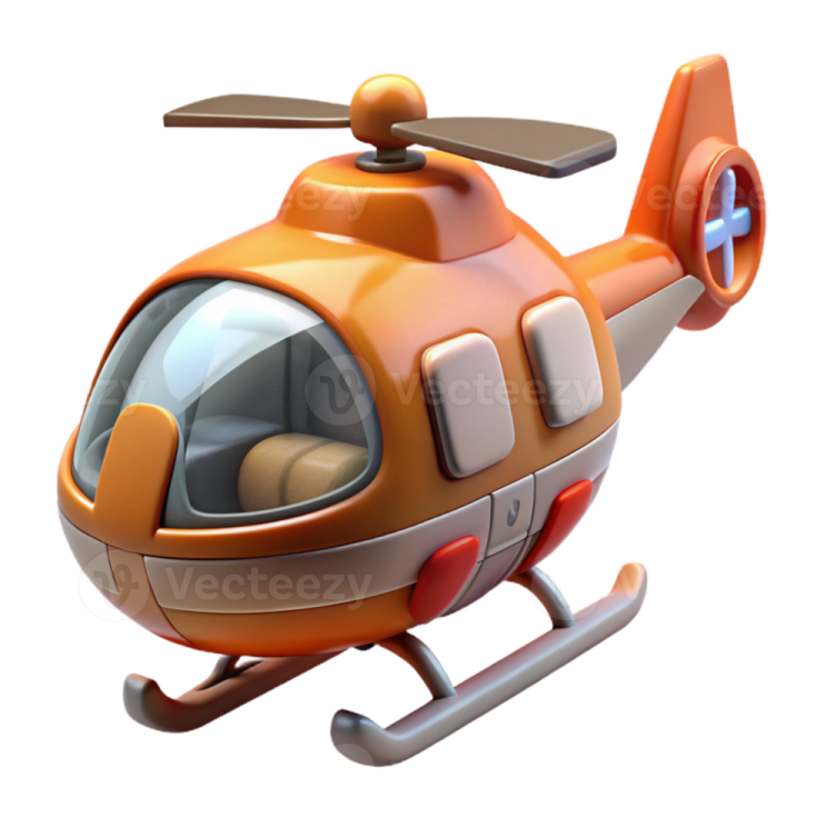 a small orange helicopter flying through the air