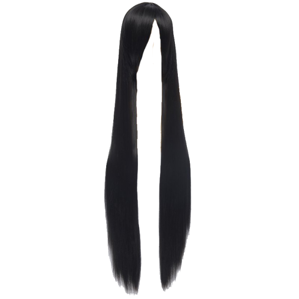 a long black ponytail on a white background