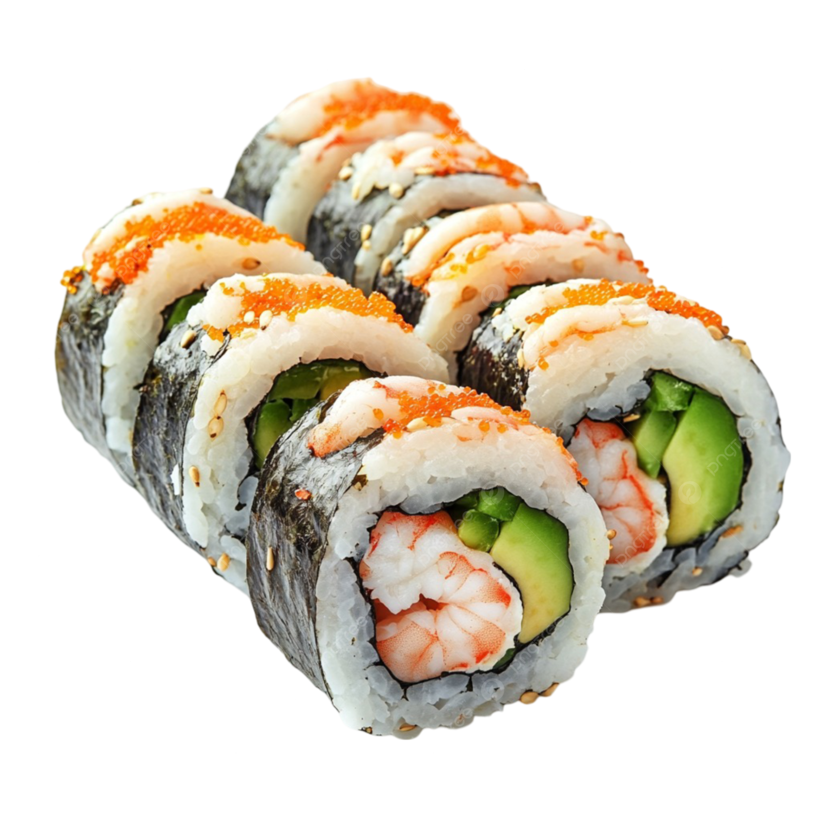 sui roll with shrimp and avoca on white background