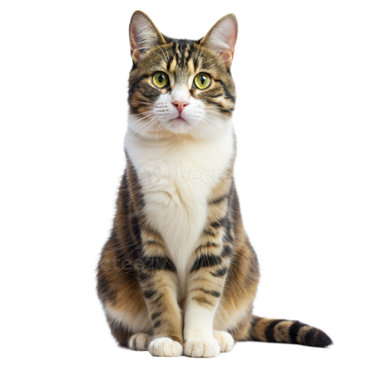 a cat sitting down looking up at the camera