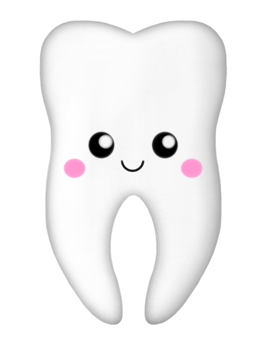 a white tooth with pink cheeks and eyes