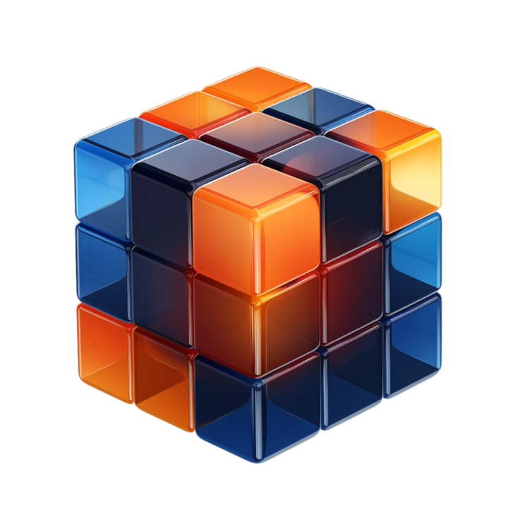 a blue and orange cube on a white background