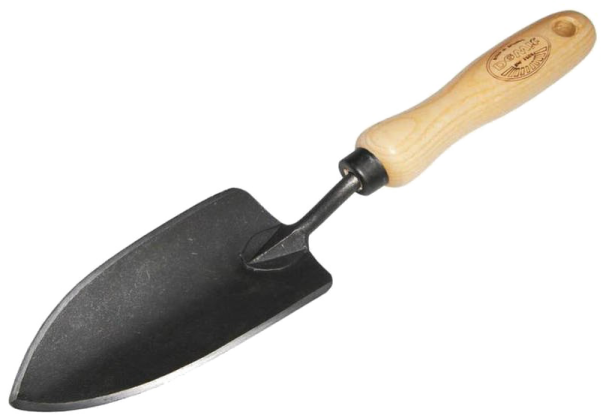 a black shovel with wooden handle