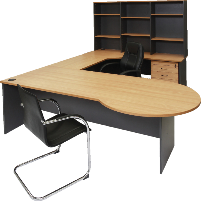 a wooden desk with black chairs and a bookcase
