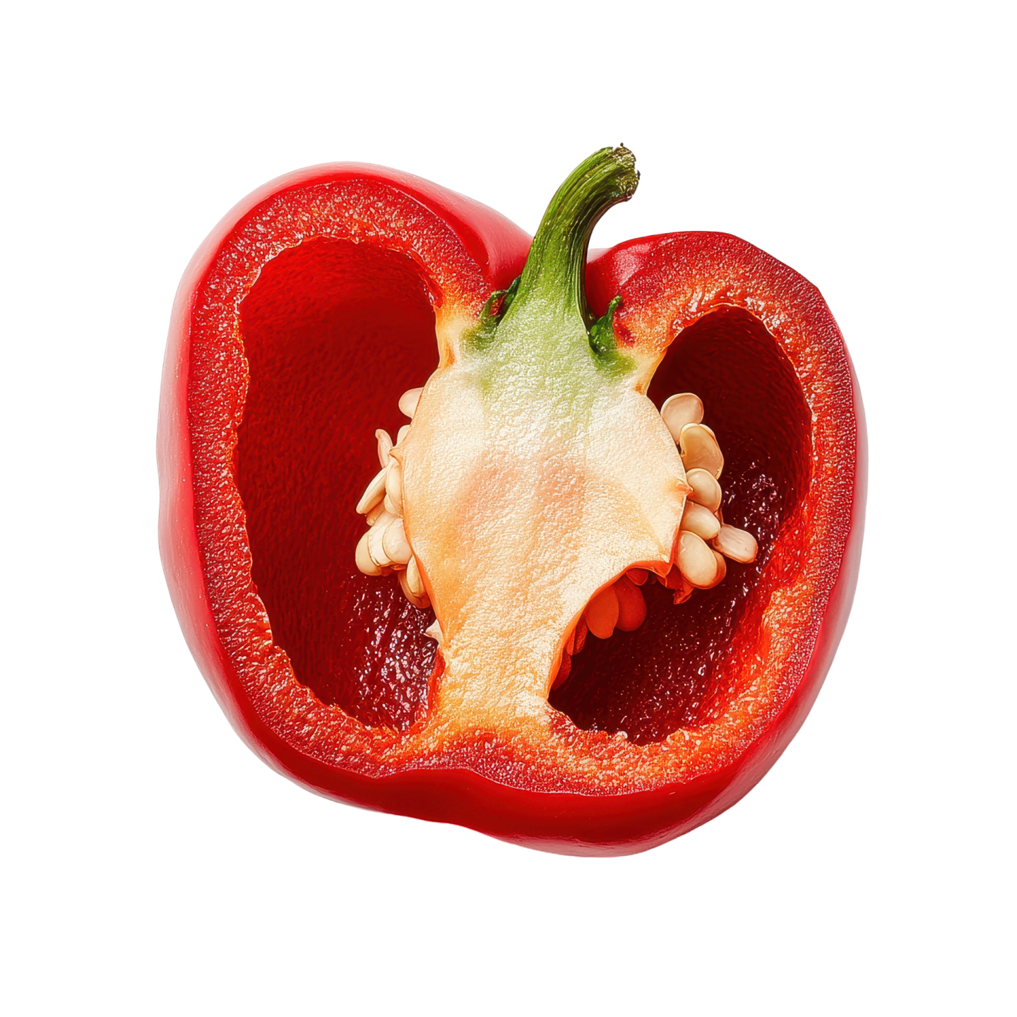 a red pepper cut in half on a white background