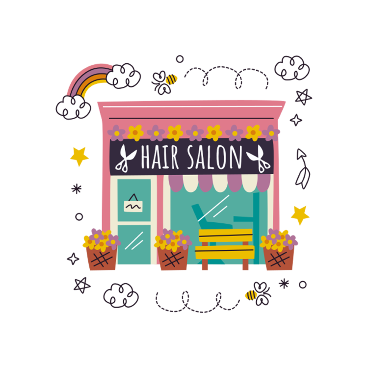 an illustration of a storefront with the words hairs salon