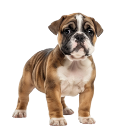 a small brown and white puppy standing on a white background