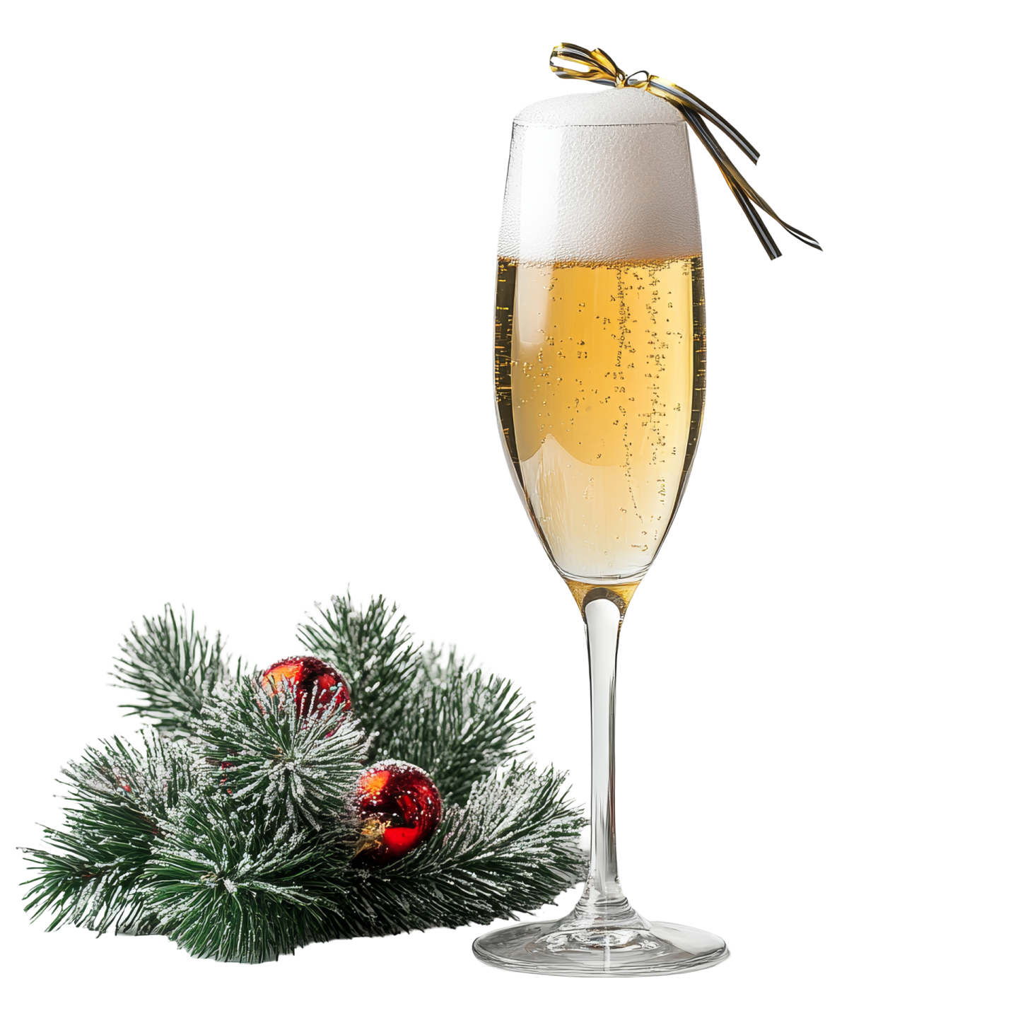 a glass of champagne next to a christmas tree