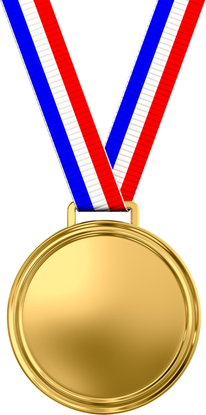 a gold medal with red, white and blue ribbons