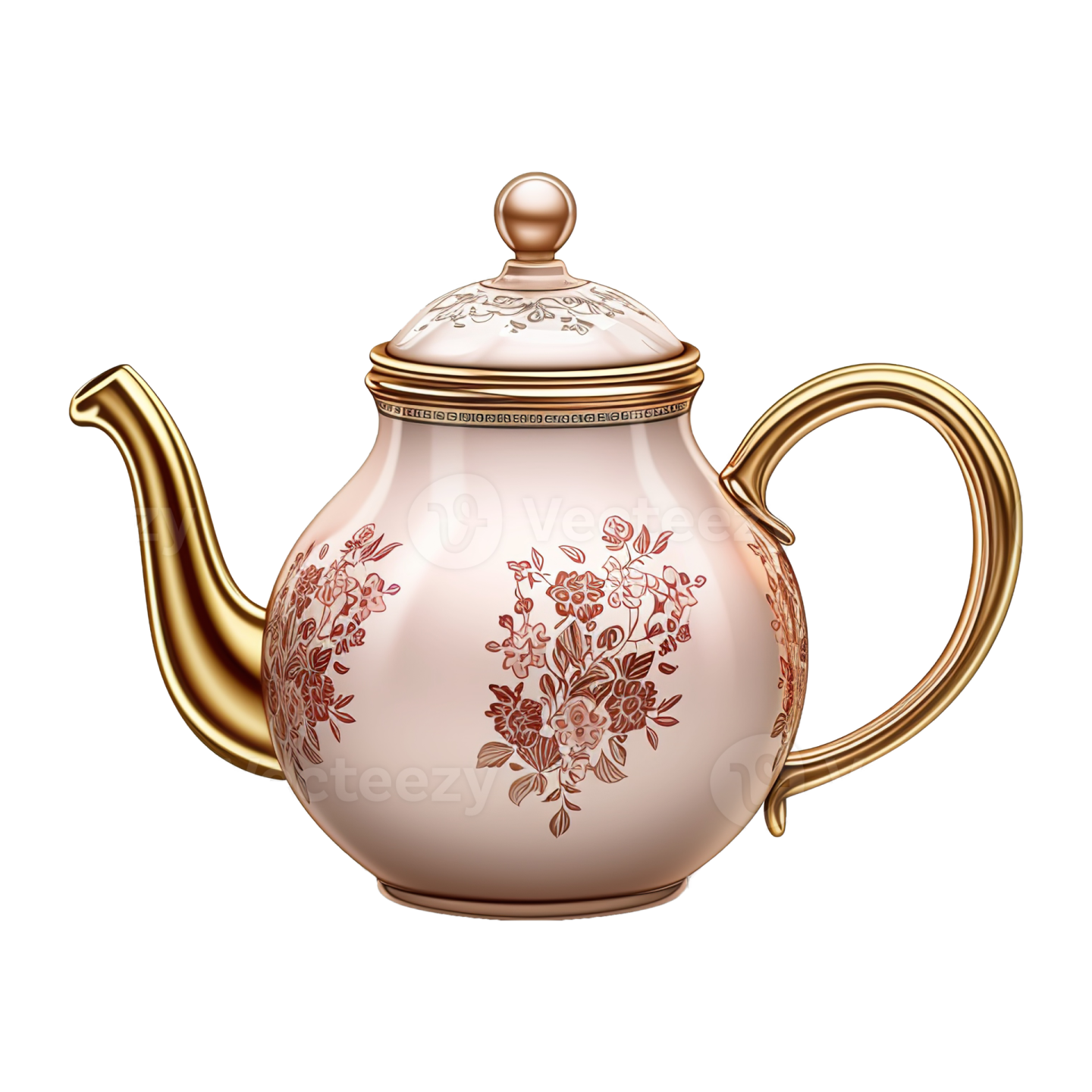 a pink and gold teapot with floral design