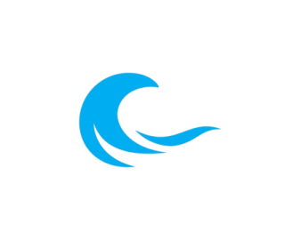 a white background with a blue wave logo