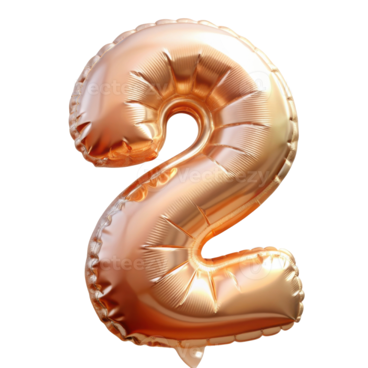a gold foil balloon shaped like the number 2