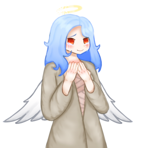 an angel with blue hair and red eyes