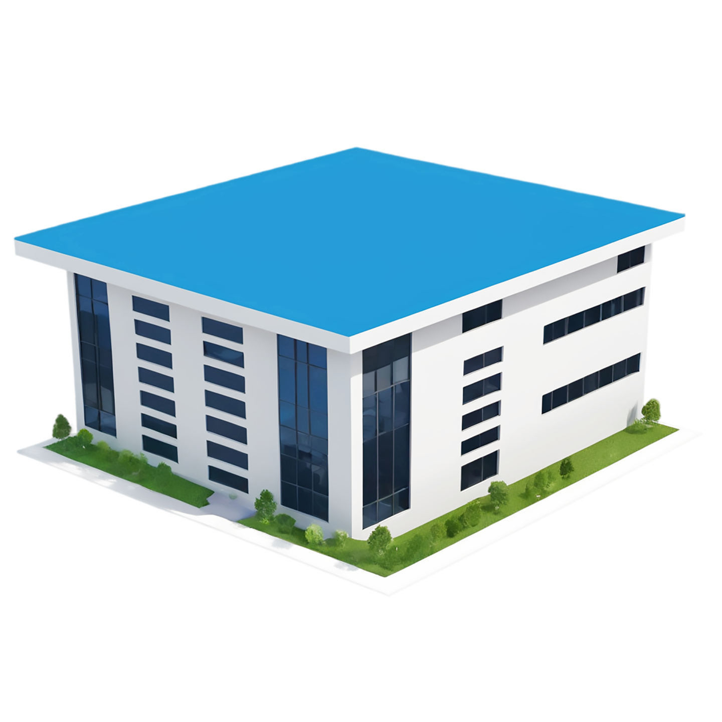 an office building with a blue roof