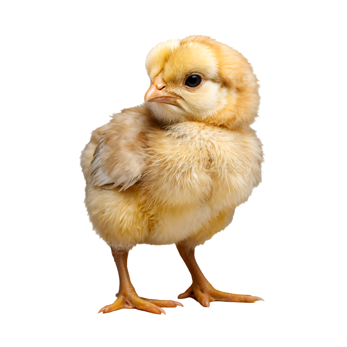 a small chicken standing up against a white background